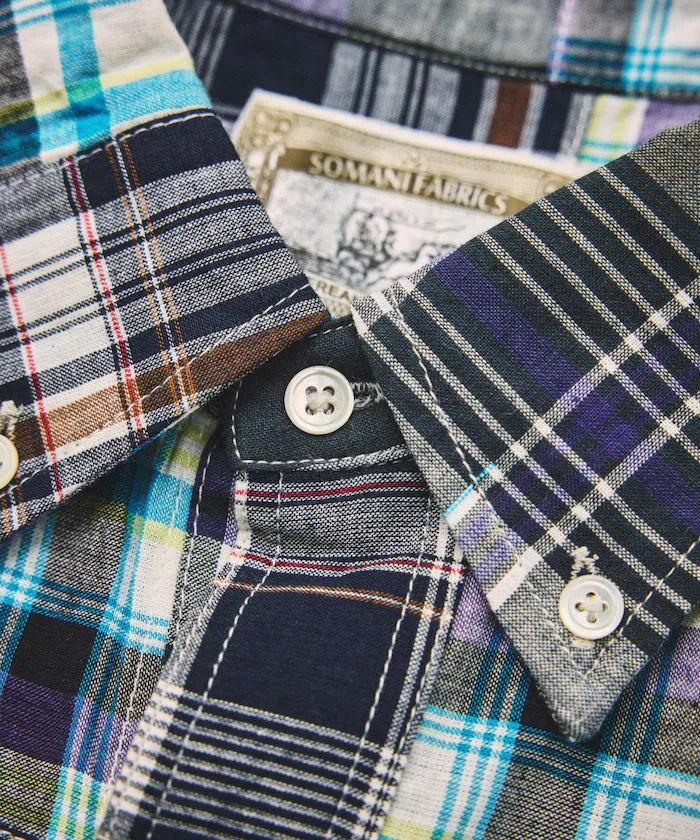 Indian-made Relaxed Fit Madras Check Patchwork Button-down Short Sleeve Shirt