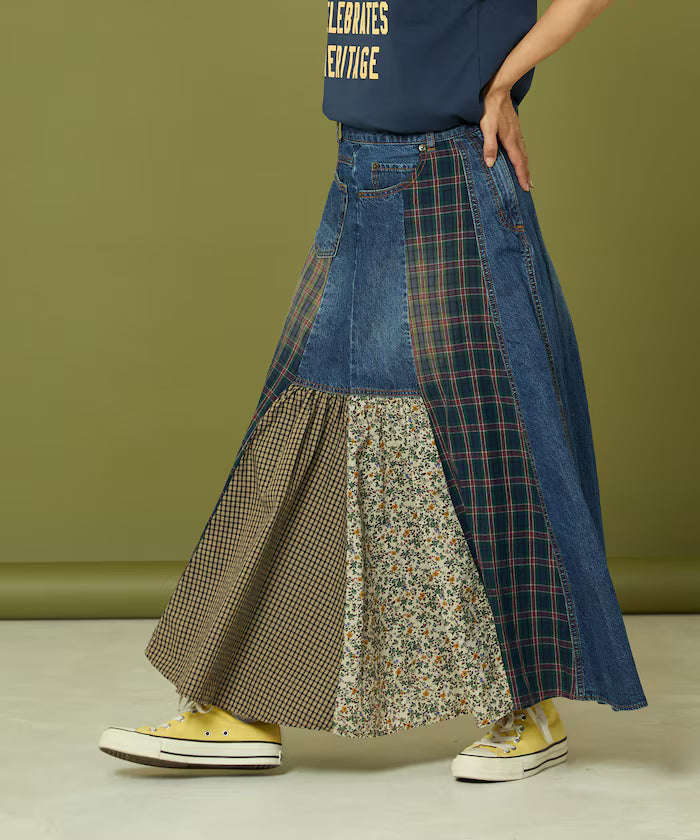 Side Front Denim Color Block Flared Skirt