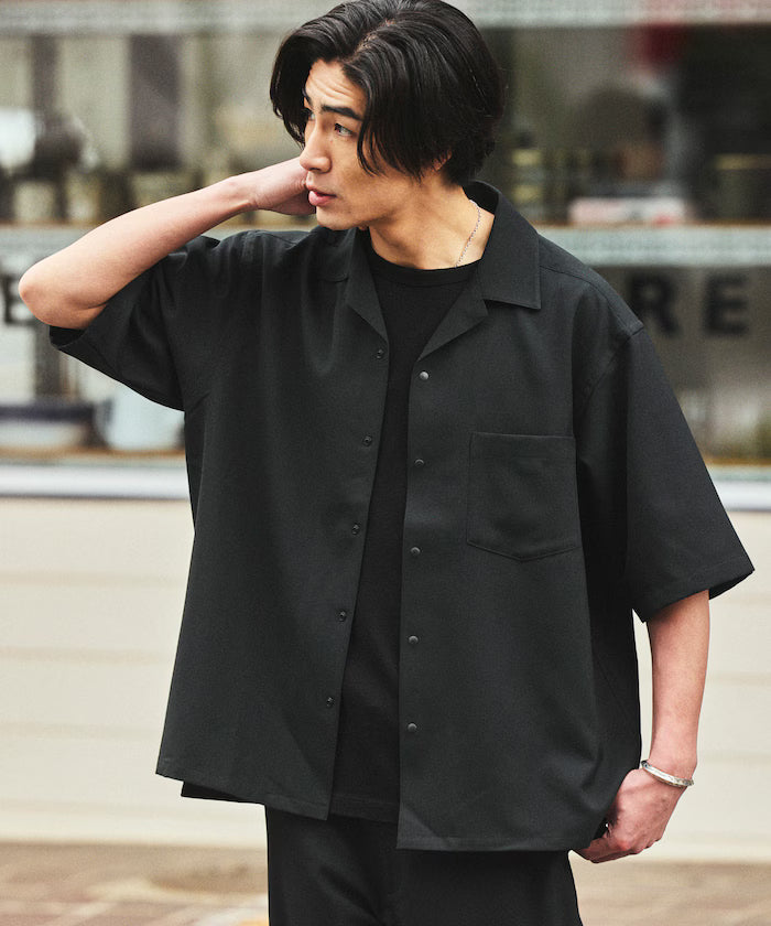 [New Color Addition] Quick-Dry Material Relaxed Fit Open Collar Short Sleeve Shirt Linen-Like