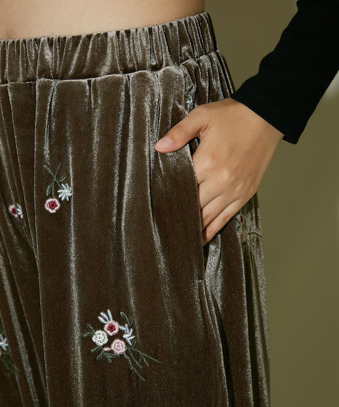 Flower Embroidery Velvet Easy Pants Limited Edition