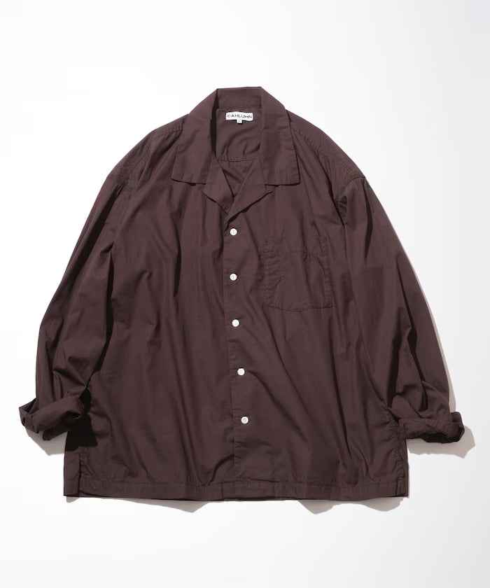 Magazine Pocket Broadcloth Open Collar Shirt - Brown