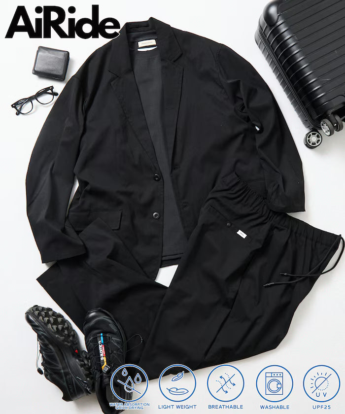 AiRide/Air Ride Relax Fit Packable Travel Set Up/Tailored Jacket/Wide Tapered Pants/Quick Dry/UV Cut 【Limited Edition】 - Black