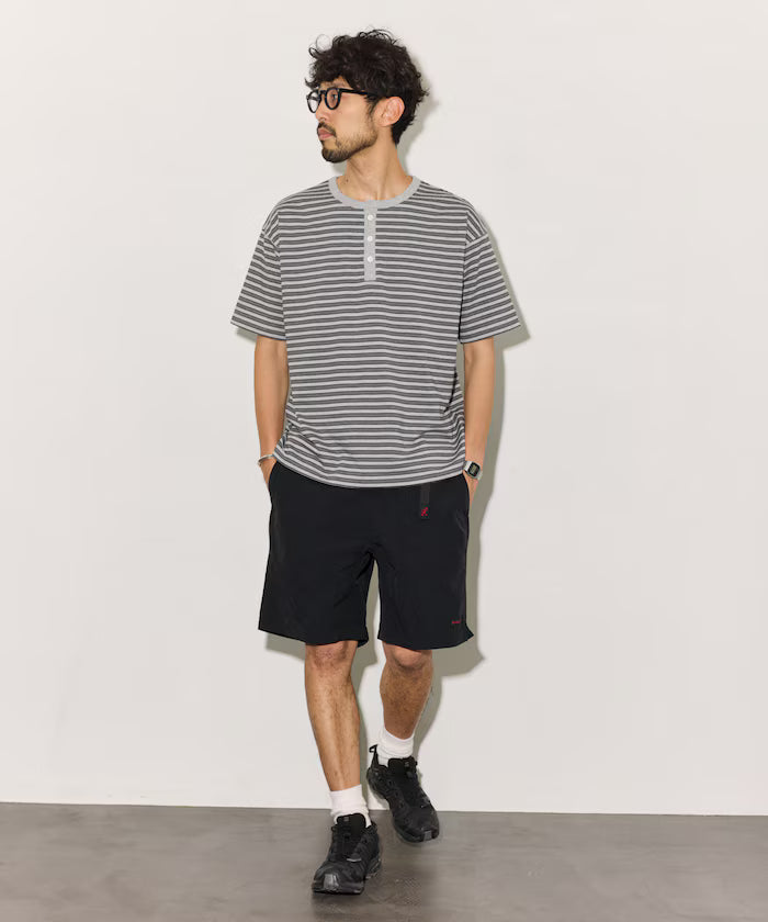 Multi-border Henley Neck Short Sleeve T-shirt