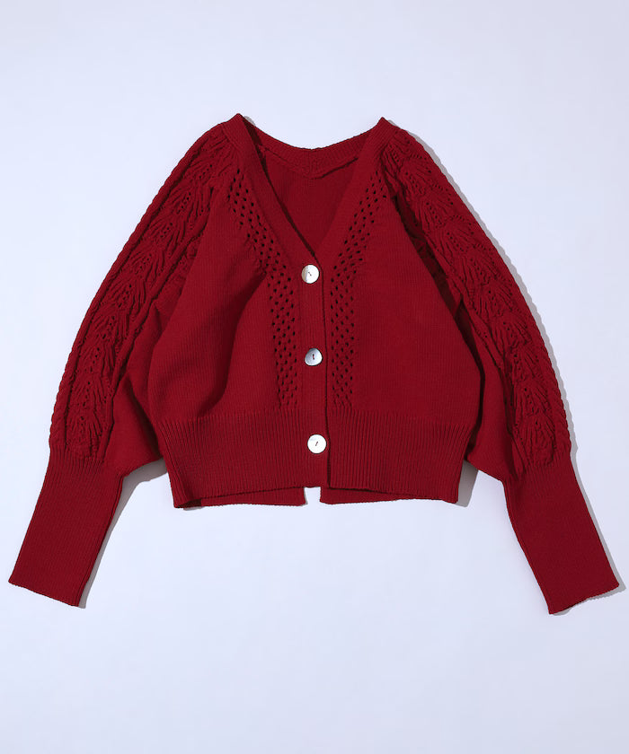 Variation Button Volume Sleeve Cable Knit Cardigan