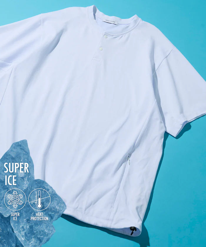 SUPER ICE / Super Ice Henry Neck Spindle T-Shirt Contact Cold Sensation / Quick Drying / UV Cut - White