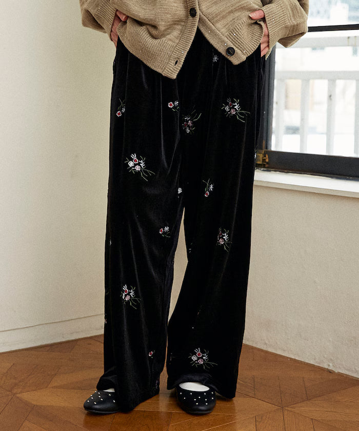 Flower Embroidery Velvet Easy Pants Limited Edition