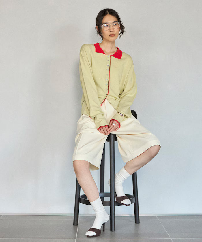 Color Design Fake Layered Long Sleeve Polo Knit Cardigan