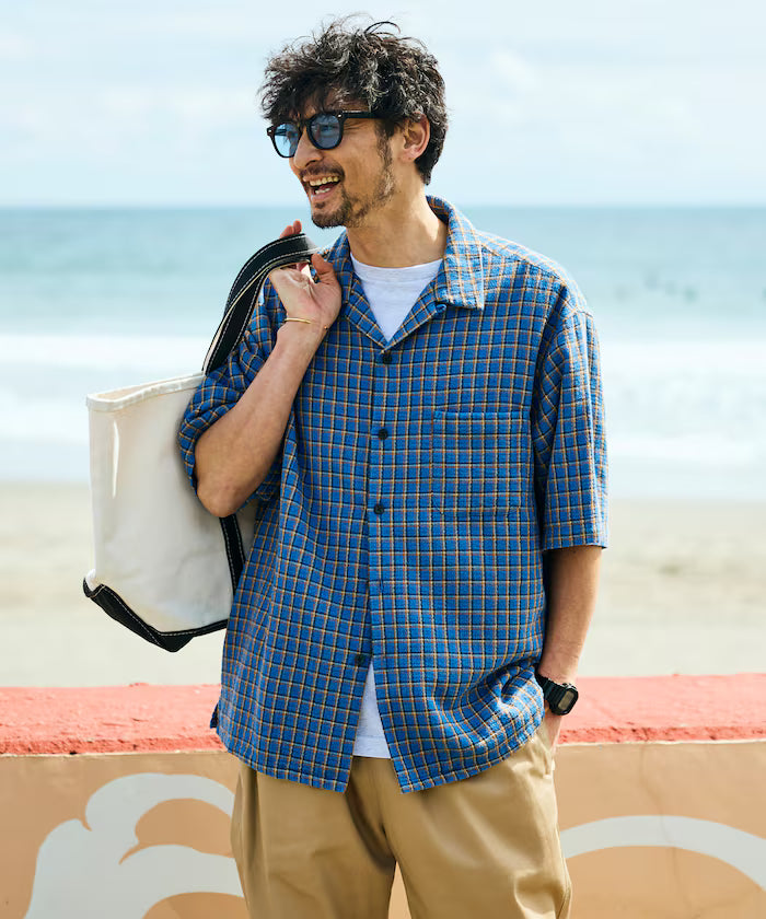 AUSTRALIAN COTTON Open Collar Check Shirt Short Sleeve