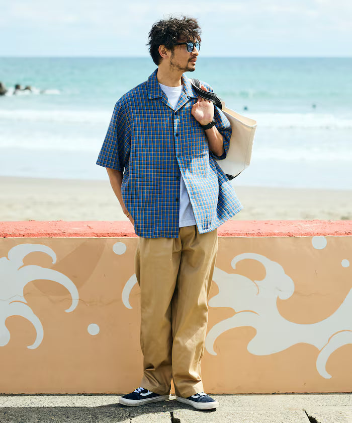 AUSTRALIAN COTTON Open Collar Check Shirt Short Sleeve