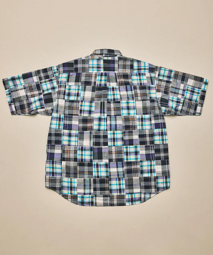 Indian-made Relaxed Fit Madras Check Patchwork Button-down Short Sleeve Shirt