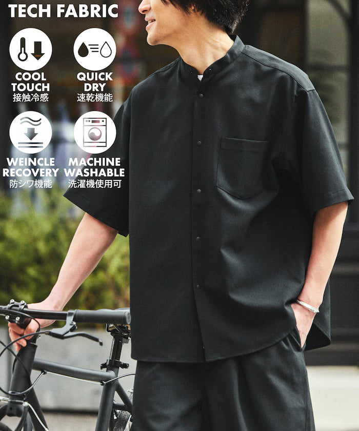 [New Color Added] Quick-Dry Material Relaxed Fit Band Collar Shirt Short Sleeve Linen Feel - Black