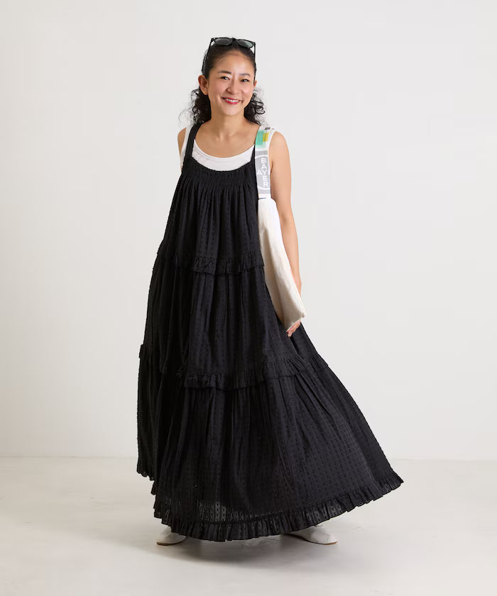 India Dobbie Tiered Frill Camisole Dress - Black