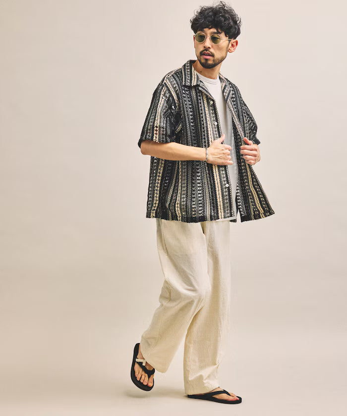New color added: Indian-made relaxed fit all-over lace multi-stripe open collar short sleeve shirt
