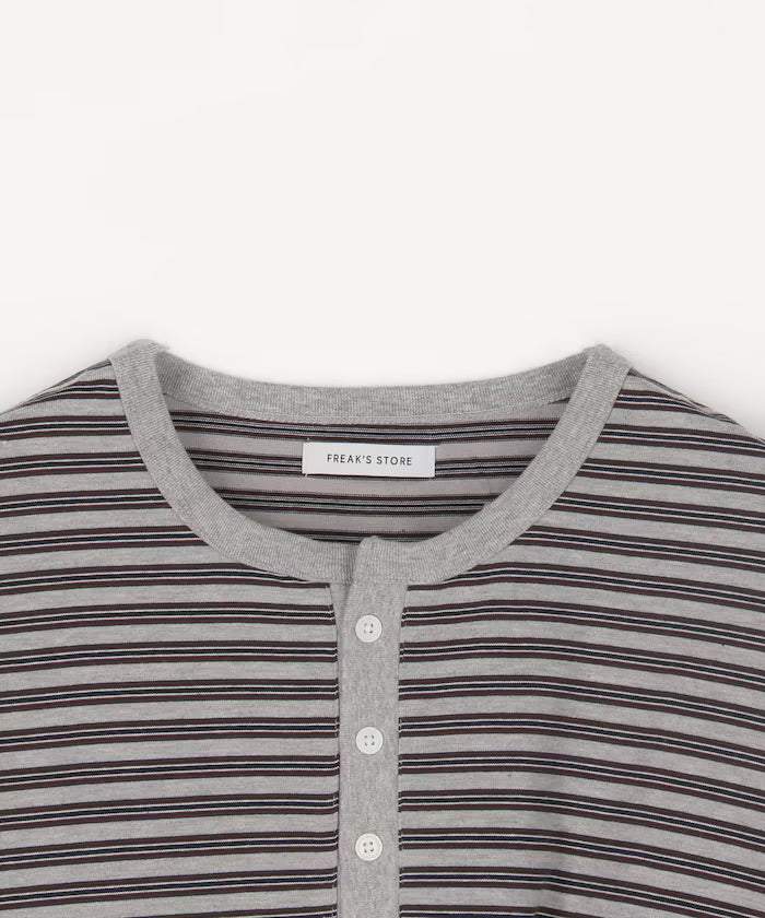 Multi-border Henley Neck Short Sleeve T-shirt