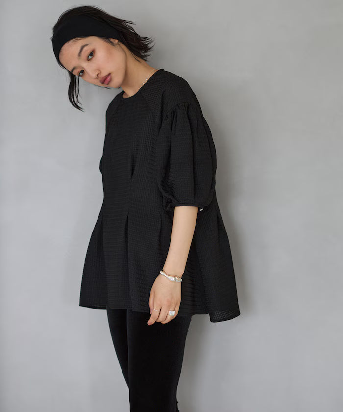 [March 11th 12:00 Release] Sheer Check Balloon Sleeve Blouse / 5-minute sleeves / Flare Silhouette