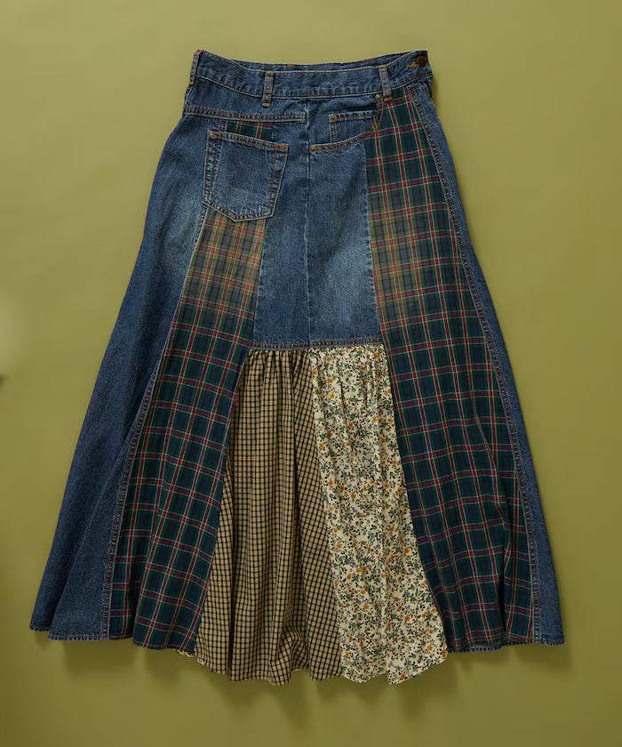 Side Front Denim Color Block Flared Skirt