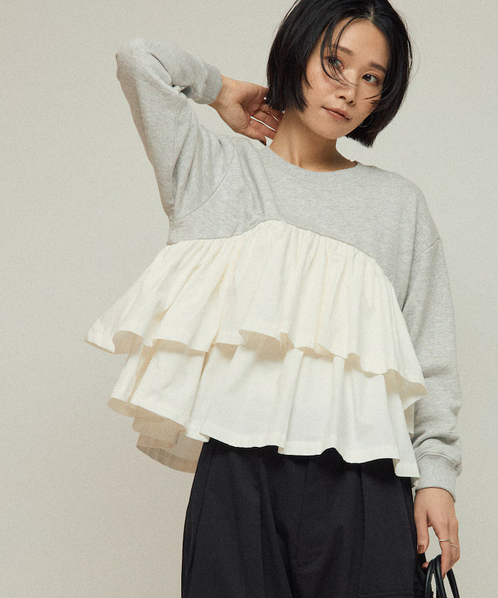 Organic Cotton Docking Frill Sweat / Relaxed Fit / Backed Sweat - Gray