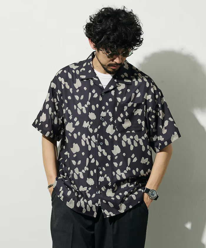 Mesh Open Collar Pattern Short Sleeve Shirt / Allover Design Open Collar Shirt / Big Silhouette