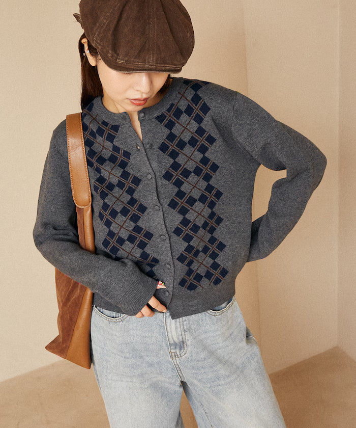 Argyle Pattern Jacquard Knit Cardigan Limited Edition - Gray
