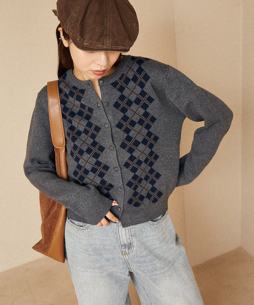 Argyle Pattern Jacquard Knit Cardigan Limited Edition - Gray