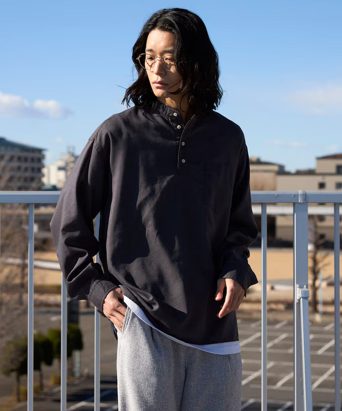 Relax Fit Linen Mix Band Collar Pullover Shirt [Limited Edition]