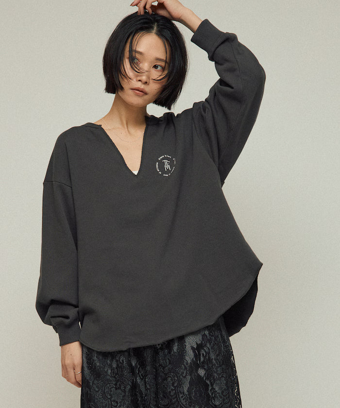 Organic Cotton V-Neck Embroidery Sweatshirt / Relaxed Fit / French Terry Sweatshirt - Charcoal Gray