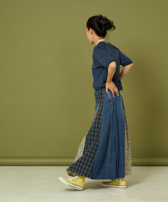 Side Front Denim Color Block Flared Skirt