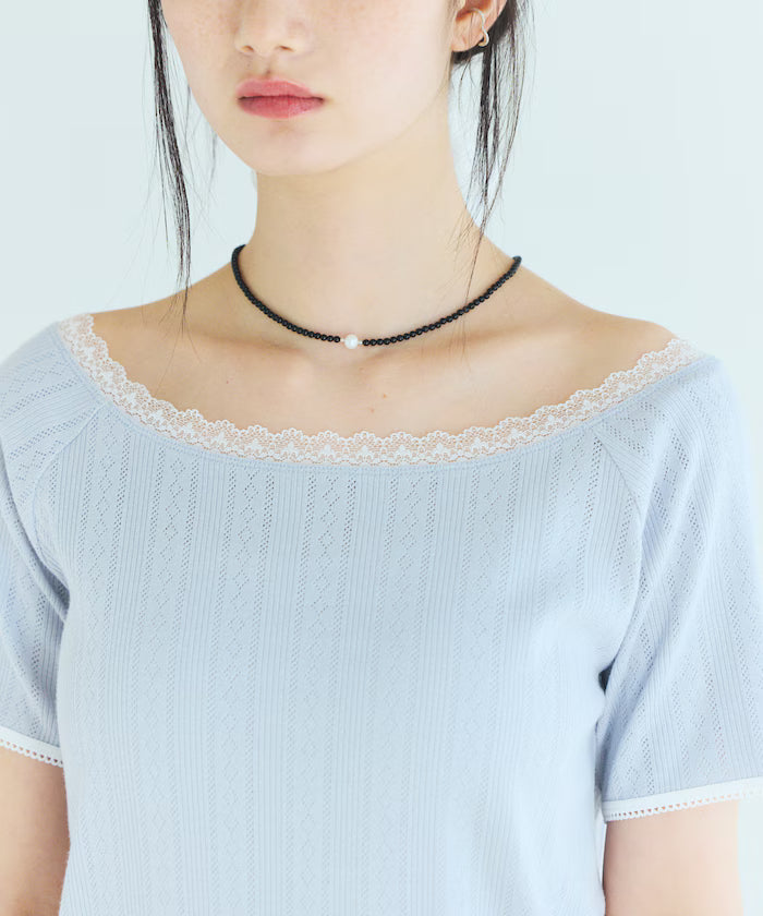 Boat Neck Pullover Knit Lace T-Shirt