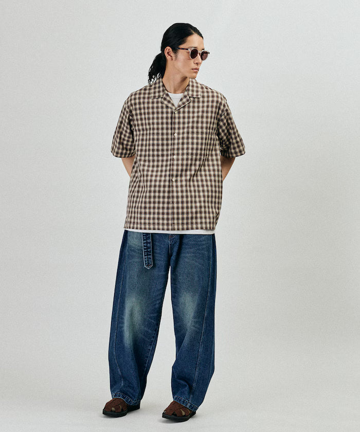 Dobby Woven Check Relaxed Open Collar Short Sleeve Shirt