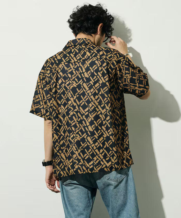 Mesh Open Collar Pattern Short Sleeve Shirt / Allover Design Open Collar Shirt / Big Silhouette