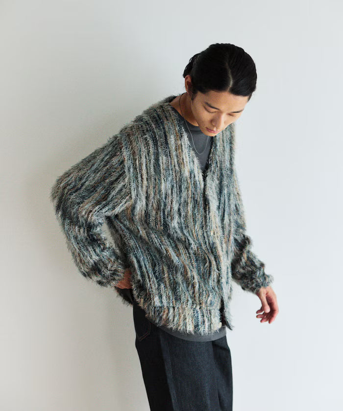 Relaxed Fit Shaggy Knit Multi-Stripe Cardigan