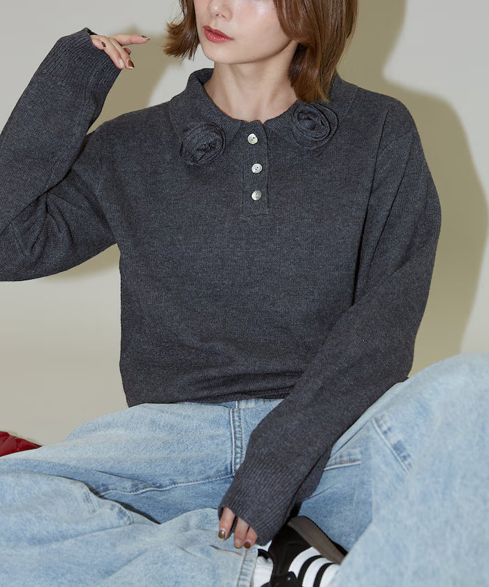 Polo knit pullover with flower motif - limited edition