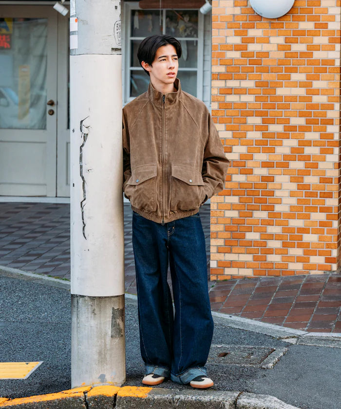 Washed processed leather red stand collar zip-up short blouson