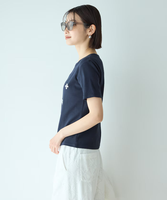 Shell Button Flower Motif Cotton Modal T-Shirt