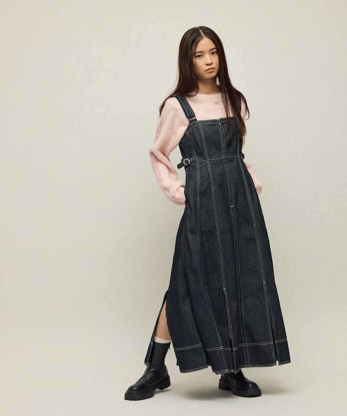Denim Mermaid Dress / A-Line Slit Denim Overall Dress / Jumper Skirt
