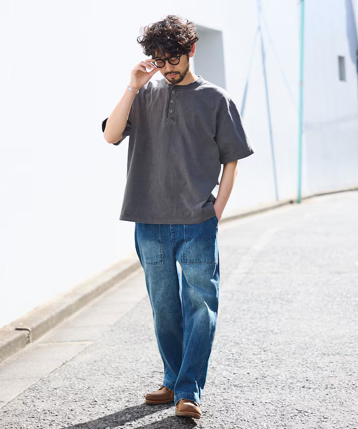 HEAVY WEIGHT/Pigment Short Sleeve Henley Neck T-Shirt/10.5 ounces