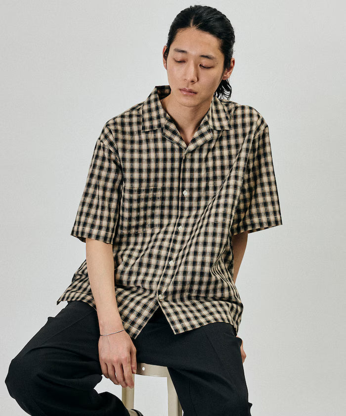 Dobby Woven Check Relaxed Open Collar Short Sleeve Shirt - Black