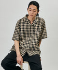 Dobby Woven Check Relaxed Open Collar Short Sleeve Shirt - Black