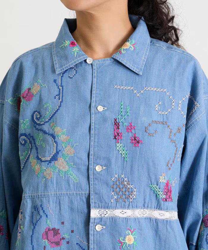 Open Collar Embroidered Shirt Jacket