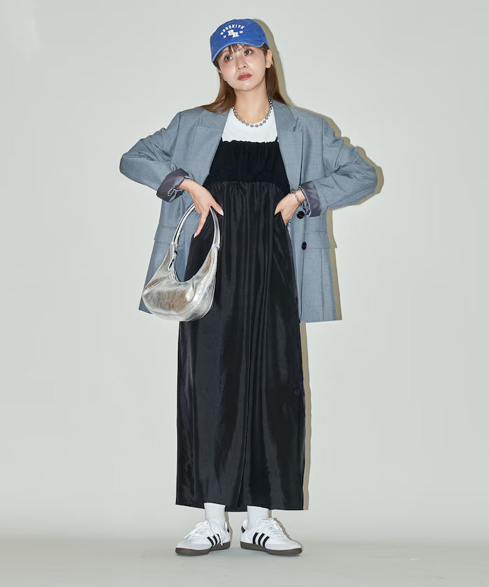 Mixed Material Shirring Satin Dress Limited Release