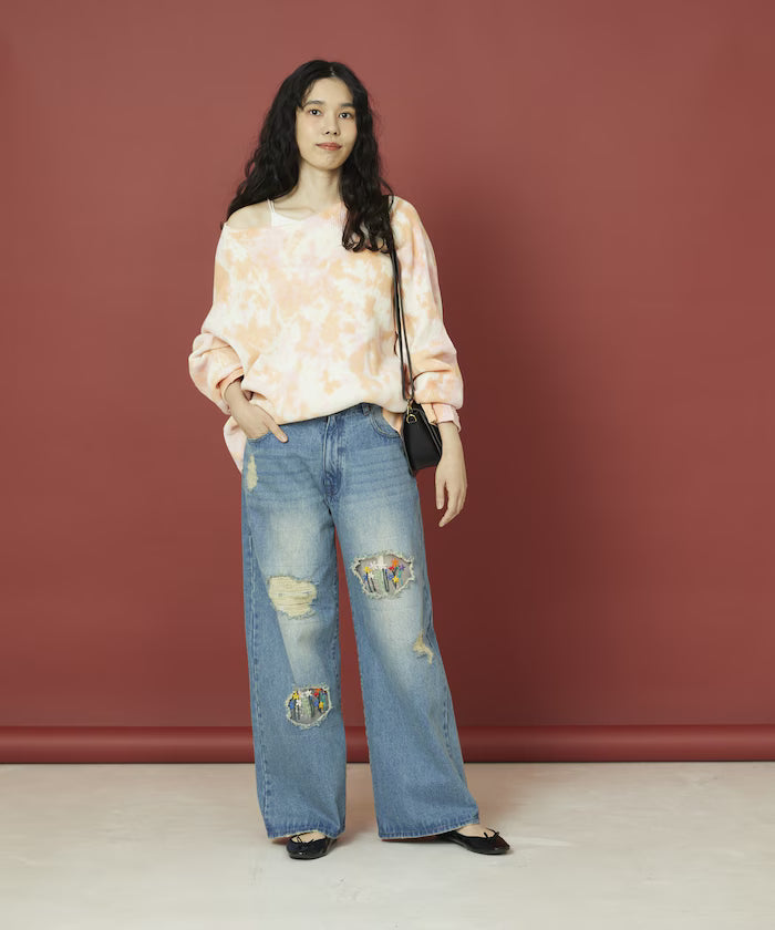 Flower Embroidery Wide Denim