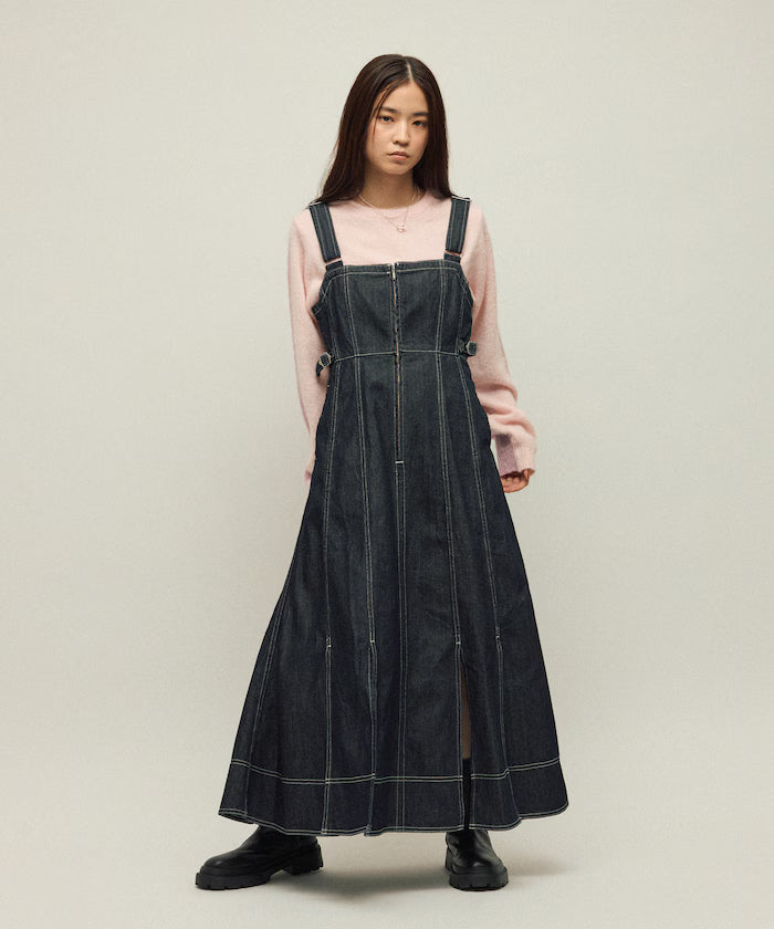 Denim Mermaid Dress / A-Line Slit Denim Overall Dress / Jumper Skirt - Navy