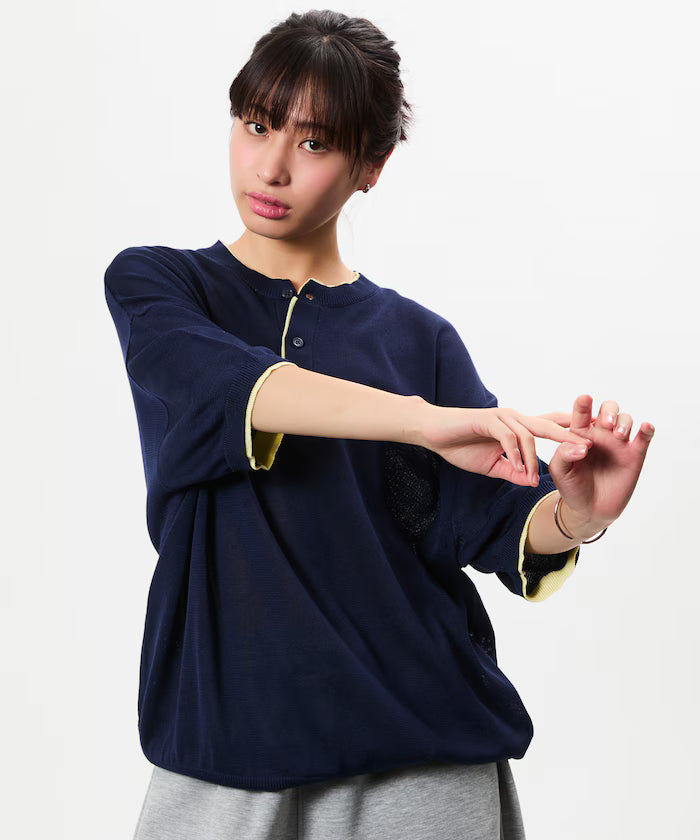 Limited Edition Relaxed Fit Color Block Henley Neck Knit - Navy