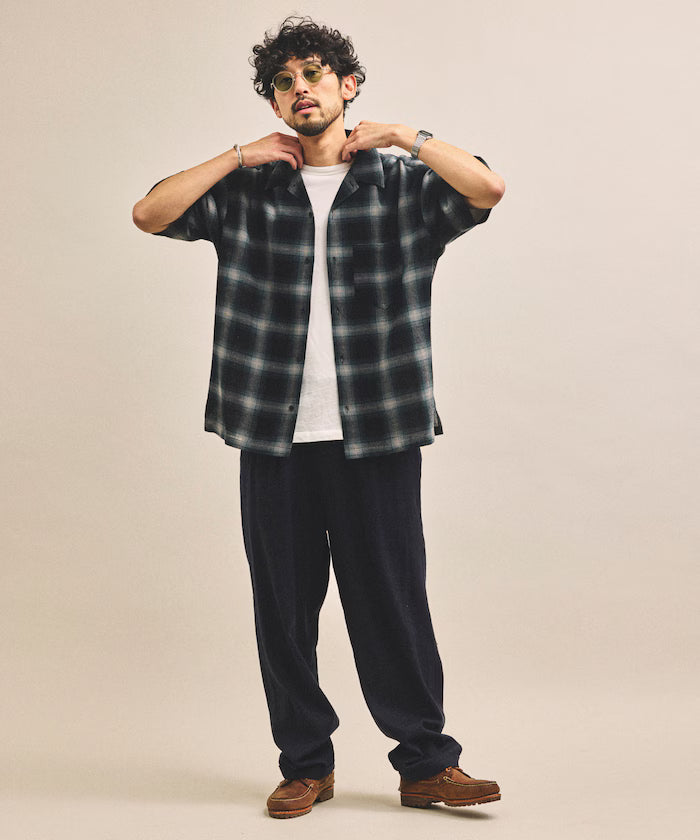Dyed Ombre Check Open Collar Short Sleeve Sheer Shirt Relaxed Fit