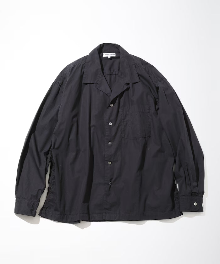 Magazine Pocket Broadcloth Open Collar Shirt - Black