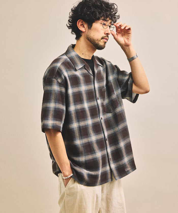 Dyed Ombre Check Open Collar Short Sleeve Sheer Shirt Relaxed Fit