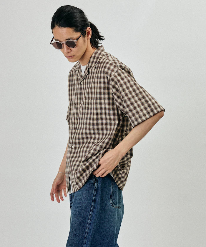 Dobby Woven Check Relaxed Open Collar Short Sleeve Shirt