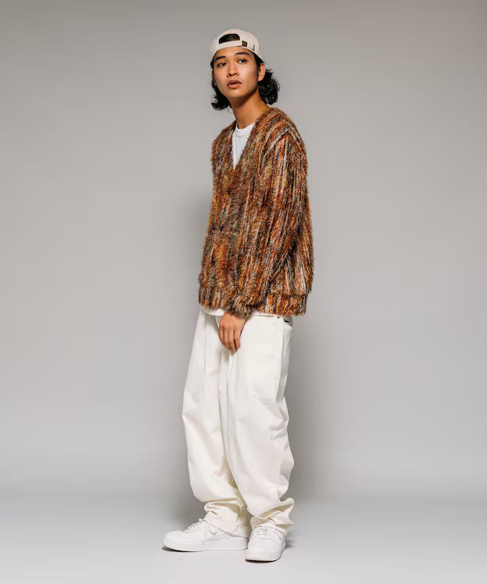 Relaxed Fit Shaggy Knit Multi-Stripe Cardigan