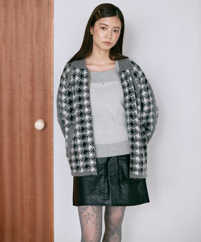 Wool Blend Gancube Check Knit Zip Blouson