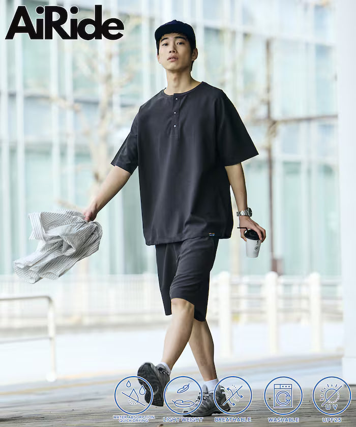 AiRide/Packable Setup/Henley Neck Pullover/Shorts/Packable/Quick-Drying/UVA Cut 【Limited Edition】 - Charcoal Gray